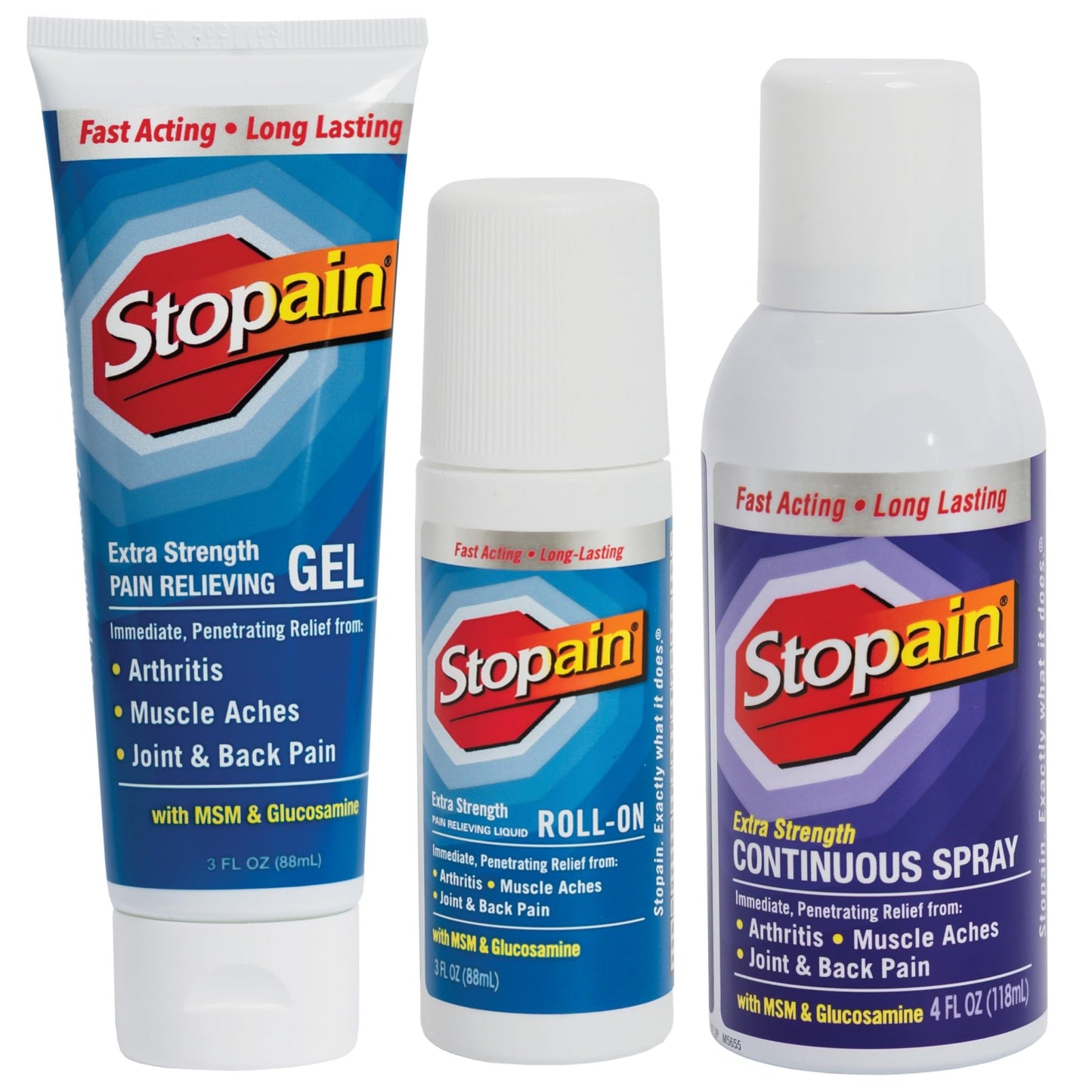 Stopain Pain Relief Combo Set (Gel, Roll On, Spray) USA Made, Max Strength Fast Acting with MSM, Glucosamine, Menthol for Lower Back, Knee, Neck HSA FSA Topical Analgesic Products - dailyvitalstore