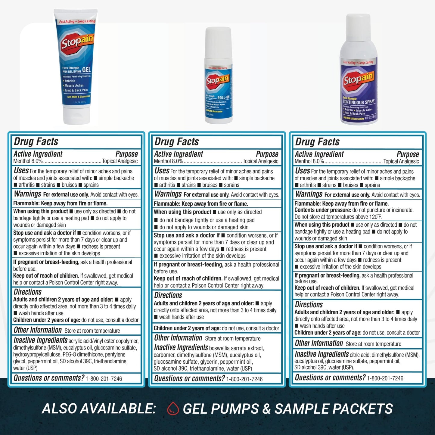 Stopain Pain Relief Combo Set (Gel, Roll On, Spray) USA Made, Max Strength Fast Acting with MSM, Glucosamine, Menthol for Lower Back, Knee, Neck HSA FSA Topical Analgesic Products - dailyvitalstore