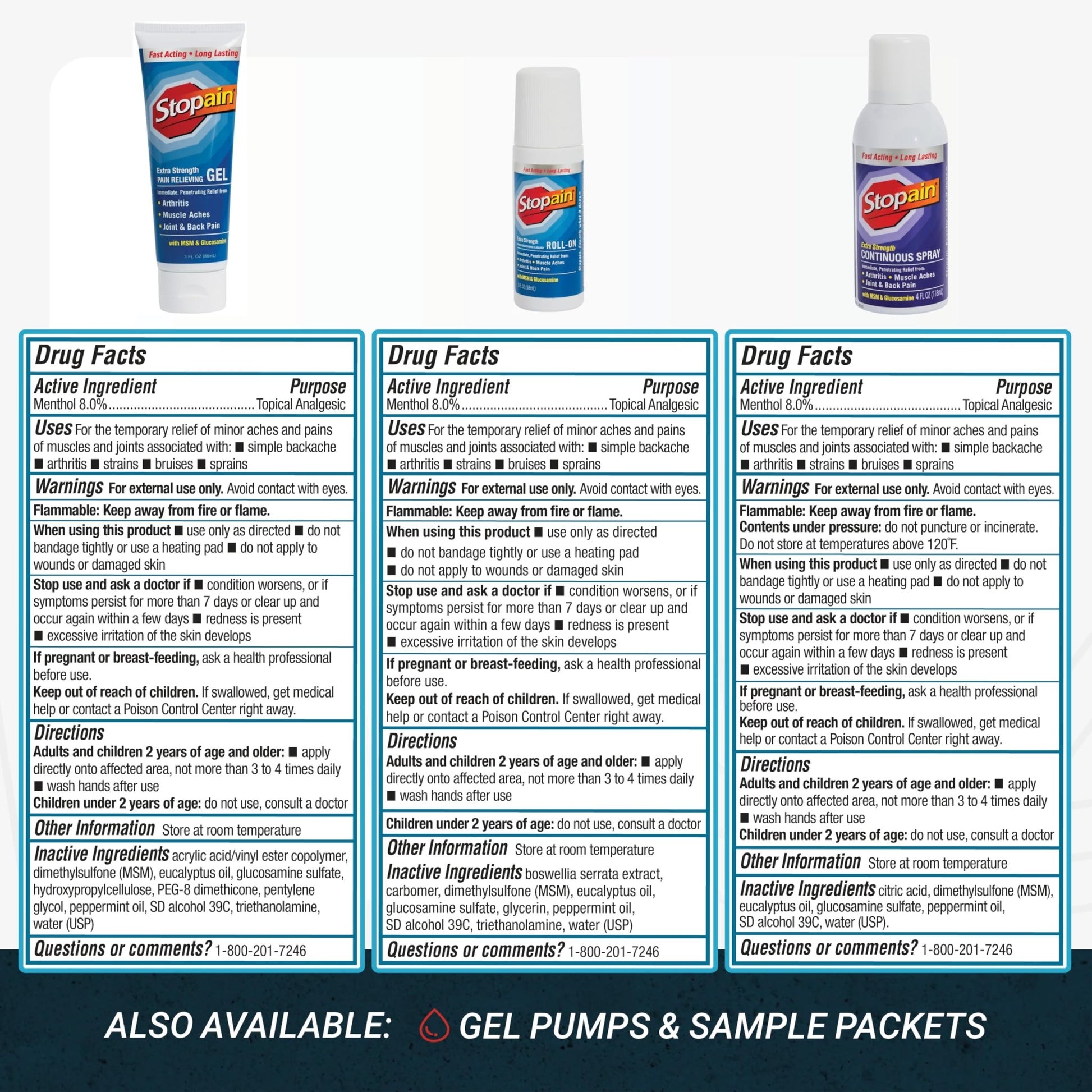 Stopain Pain Relief Combo Set (Gel, Roll On, Spray) USA Made, Max Strength Fast Acting with MSM, Glucosamine, Menthol for Lower Back, Knee, Neck HSA FSA Topical Analgesic Products - dailyvitalstore