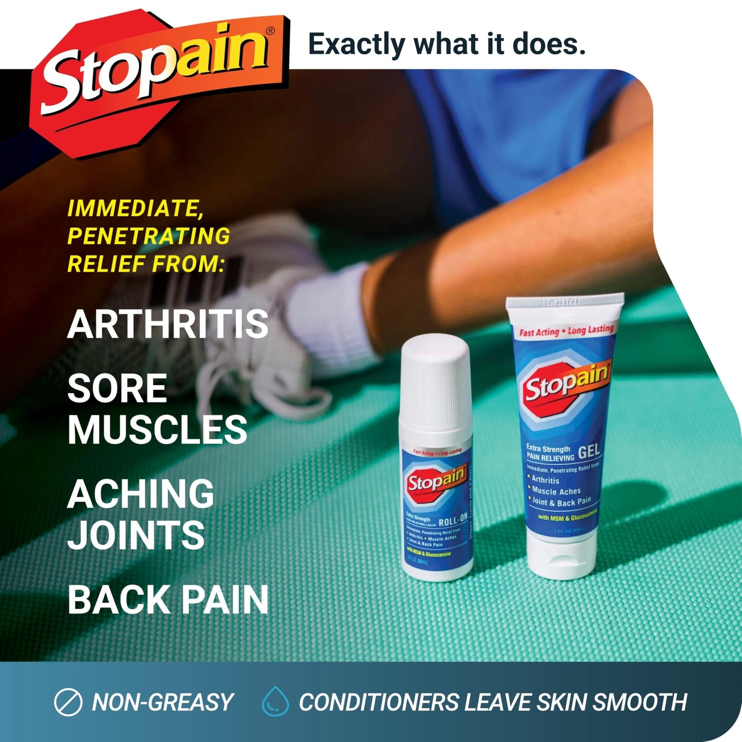 Stopain Pain Relief Combo Set (Gel, Roll On, Spray) USA Made, Max Strength Fast Acting with MSM, Glucosamine, Menthol for Lower Back, Knee, Neck HSA FSA Topical Analgesic Products - dailyvitalstore