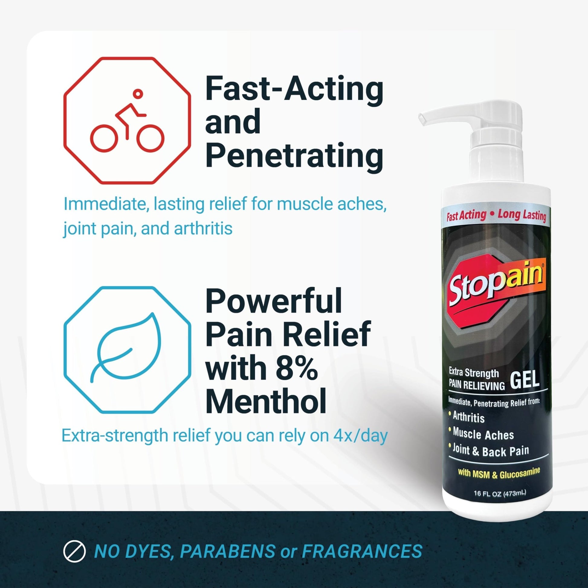Stopain Pain Relief Gel 16oz, USA Made, Max Strength Fast Acting with Menthol, MSM, Glucosamine for Joint Pain, Back Pain, Arthritis, Knee, Neck Pain, HSA FSA Approved OTC Topical Analgesic Product - dailyvitalstore