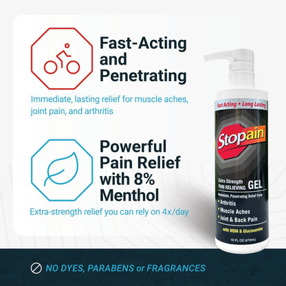 Stopain Pain Relief Gel 16oz, USA Made, Max Strength Fast Acting with Menthol, MSM, Glucosamine for Joint Pain, Back Pain, Arthritis, Knee, Neck Pain, HSA FSA Approved OTC Topical Analgesic Product - dailyvitalstore