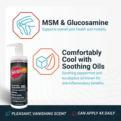 Stopain Pain Relief Gel 16oz, USA Made, Max Strength Fast Acting with Menthol, MSM, Glucosamine for Joint Pain, Back Pain, Arthritis, Knee, Neck Pain, HSA FSA Approved OTC Topical Analgesic Product - dailyvitalstore