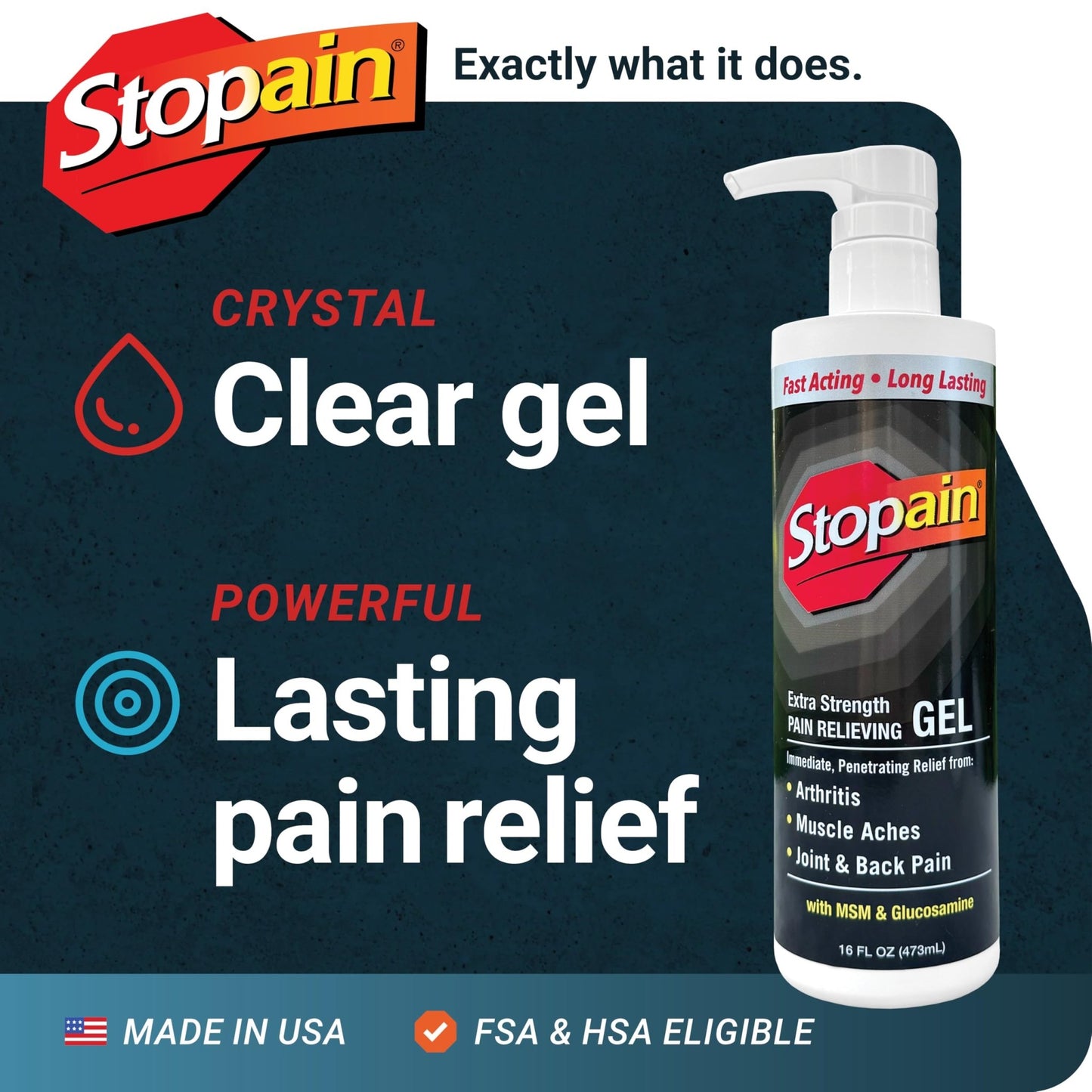 Stopain Pain Relief Gel 16oz, USA Made, Max Strength Fast Acting with Menthol, MSM, Glucosamine for Joint Pain, Back Pain, Arthritis, Knee, Neck Pain, HSA FSA Approved OTC Topical Analgesic Product - dailyvitalstore