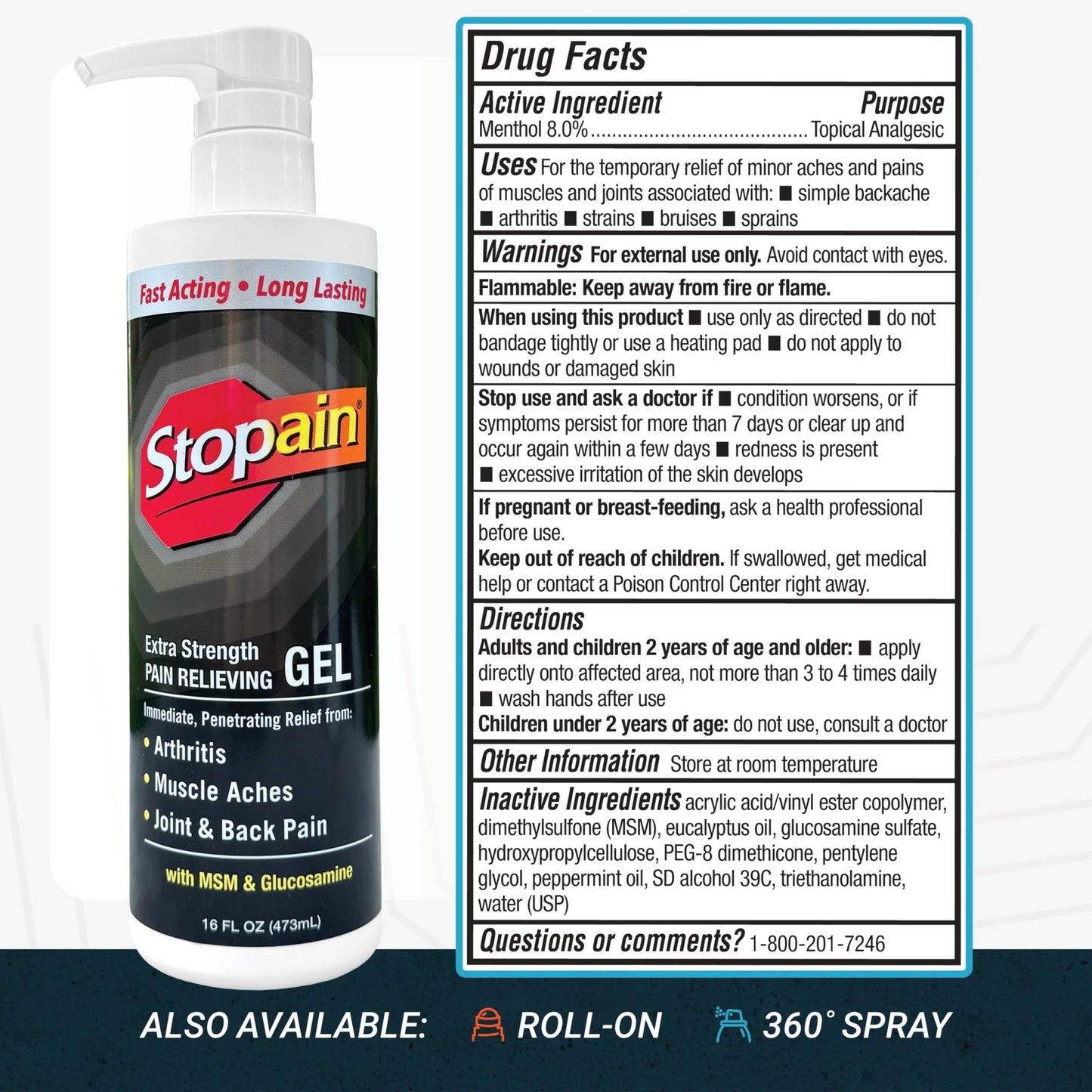 Stopain Pain Relief Gel 16oz, USA Made, Max Strength Fast Acting with Menthol, MSM, Glucosamine for Joint Pain, Back Pain, Arthritis, Knee, Neck Pain, HSA FSA Approved OTC Topical Analgesic Product - dailyvitalstore