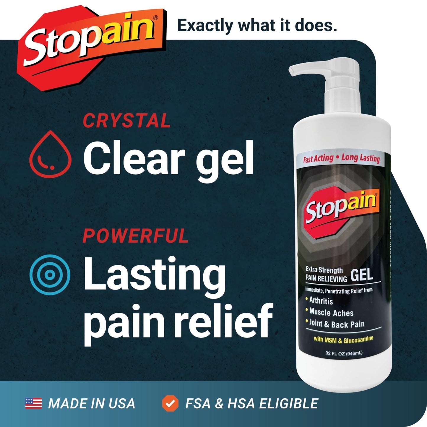 Stopain Pain Relief Gel 32oz, USA Made, Max Strength Fast Acting with Menthol, MSM, Glucosamine for Joint Pain, Back Pain, Arthritis, Knee, Neck Pain, HSA FSA Approved OTC Topical Analgesic Product - dailyvitalstore