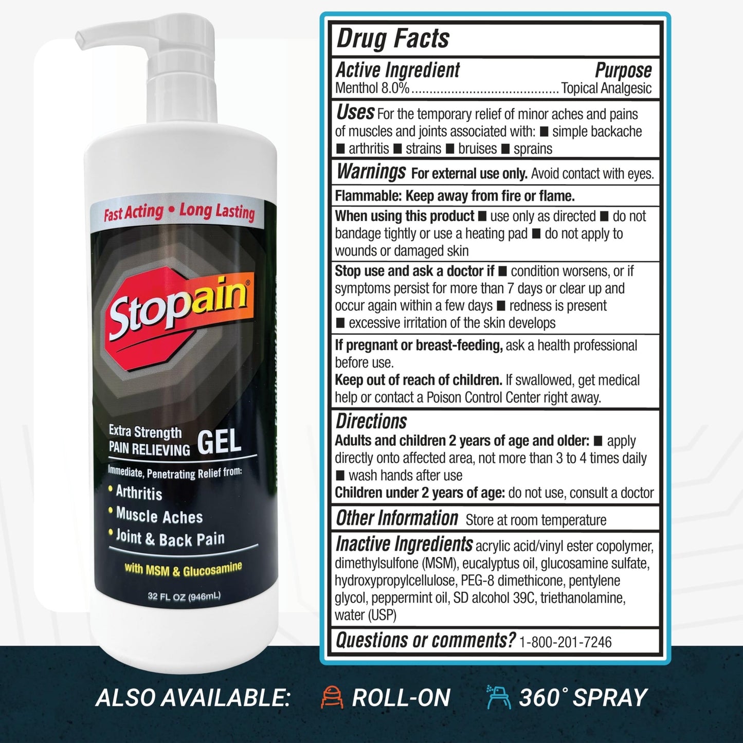 Stopain Pain Relief Gel 32oz, USA Made, Max Strength Fast Acting with Menthol, MSM, Glucosamine for Joint Pain, Back Pain, Arthritis, Knee, Neck Pain, HSA FSA Approved OTC Topical Analgesic Product - dailyvitalstore