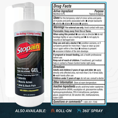 Stopain Pain Relief Gel 32oz, USA Made, Max Strength Fast Acting with Menthol, MSM, Glucosamine for Joint Pain, Back Pain, Arthritis, Knee, Neck Pain, HSA FSA Approved OTC Topical Analgesic Product - dailyvitalstore