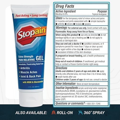 Stopain Pain Relief Gel 3oz USA Made, Max Strength Fast Acting with MSM, Glucosamine, Menthol for Arthritis, Lower Back Sciatica, Knee, Neck, HSA FSA Approved Topical Analgesic Products - dailyvitalstore