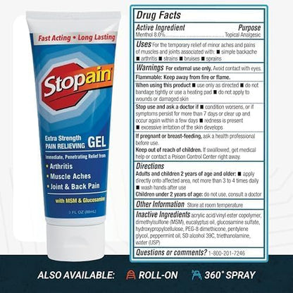 Stopain Pain Relief Gel 3oz USA Made, Max Strength Fast Acting with MSM, Glucosamine, Menthol for Arthritis, Lower Back Sciatica, Knee, Neck, HSA FSA Approved Topical Analgesic Products - dailyvitalstore