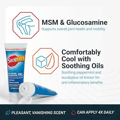 Stopain Pain Relief Gel 3oz USA Made, Max Strength Fast Acting with MSM, Glucosamine, Menthol for Arthritis, Lower Back Sciatica, Knee, Neck, HSA FSA Approved Topical Analgesic Products - dailyvitalstore