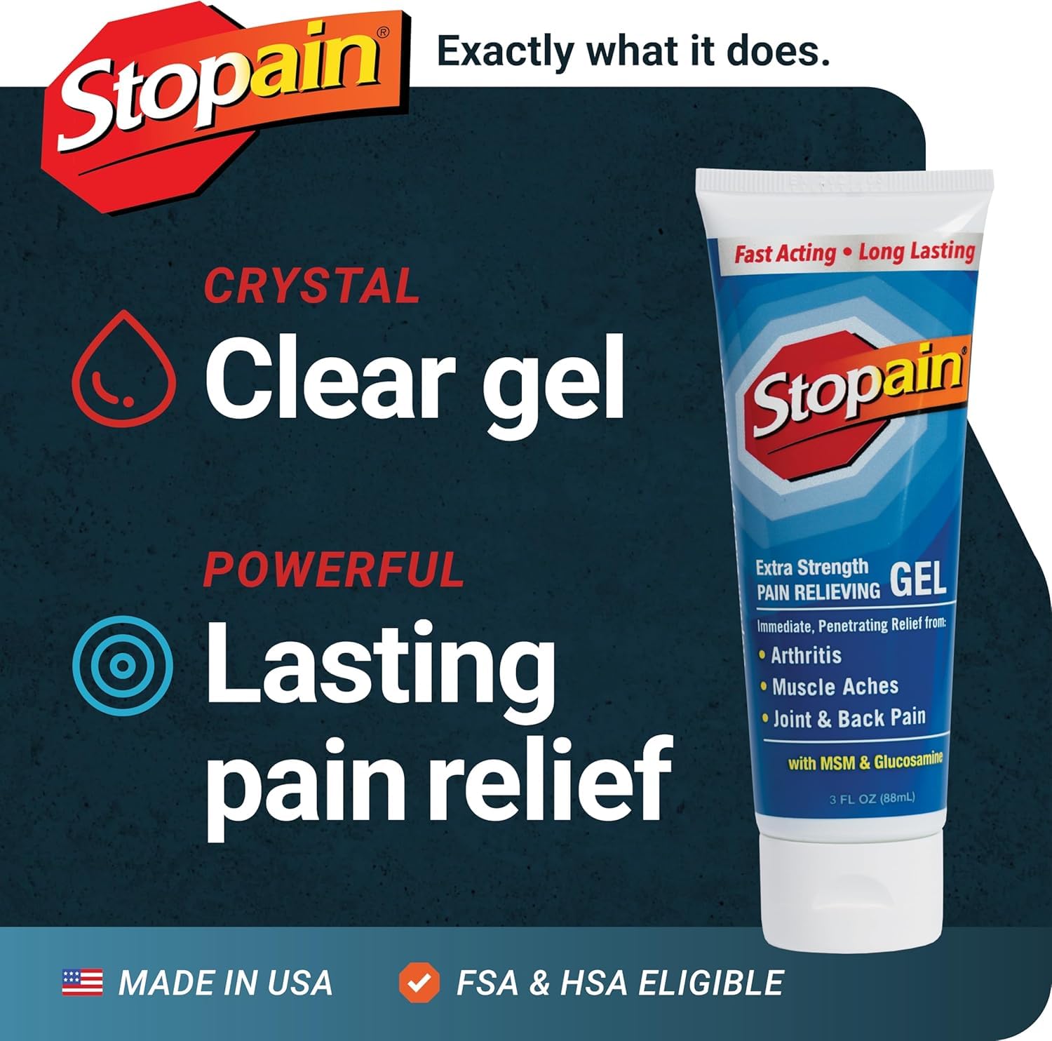 Stopain Pain Relief Gel 3oz USA Made, Max Strength Fast Acting with MSM, Glucosamine, Menthol for Arthritis, Lower Back Sciatica, Knee, Neck, HSA FSA Approved Topical Analgesic Products - dailyvitalstore