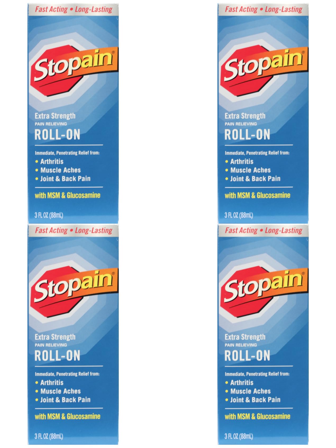 Stopain Pain Relief Roll On Gel 3oz (4 Pack) USA Made, Max Strength Fast Acting with MSM, Glucosamine, Menthol for Lower Back, Knee, Neck, HSA FSA Approved Topical Analgesic Products - dailyvitalstore