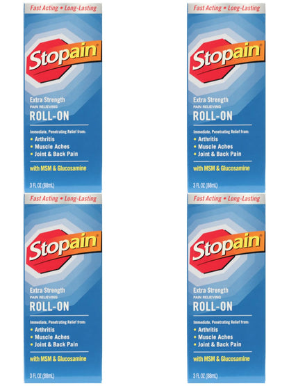Stopain Pain Relief Roll On Gel 3oz (4 Pack) USA Made, Max Strength Fast Acting with MSM, Glucosamine, Menthol for Lower Back, Knee, Neck, HSA FSA Approved Topical Analgesic Products - dailyvitalstore