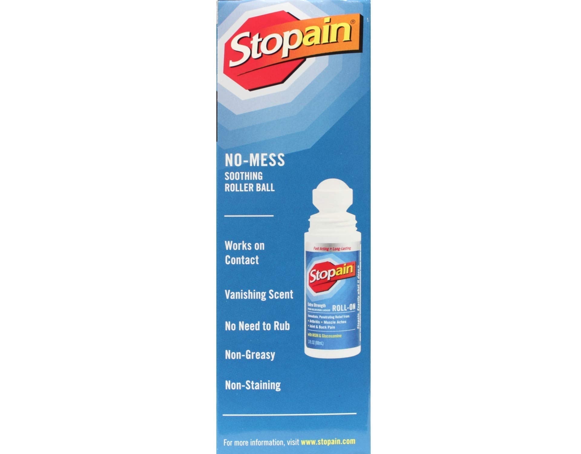 Stopain Pain Relief Roll On Gel 3oz (4 Pack) USA Made, Max Strength Fast Acting with MSM, Glucosamine, Menthol for Lower Back, Knee, Neck, HSA FSA Approved Topical Analgesic Products - dailyvitalstore