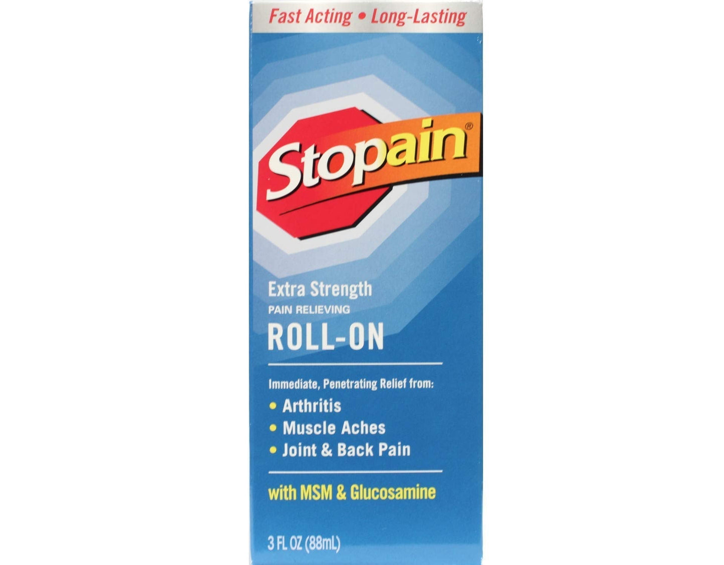 Stopain Pain Relief Roll On Gel 3oz (4 Pack) USA Made, Max Strength Fast Acting with MSM, Glucosamine, Menthol for Lower Back, Knee, Neck, HSA FSA Approved Topical Analgesic Products - dailyvitalstore