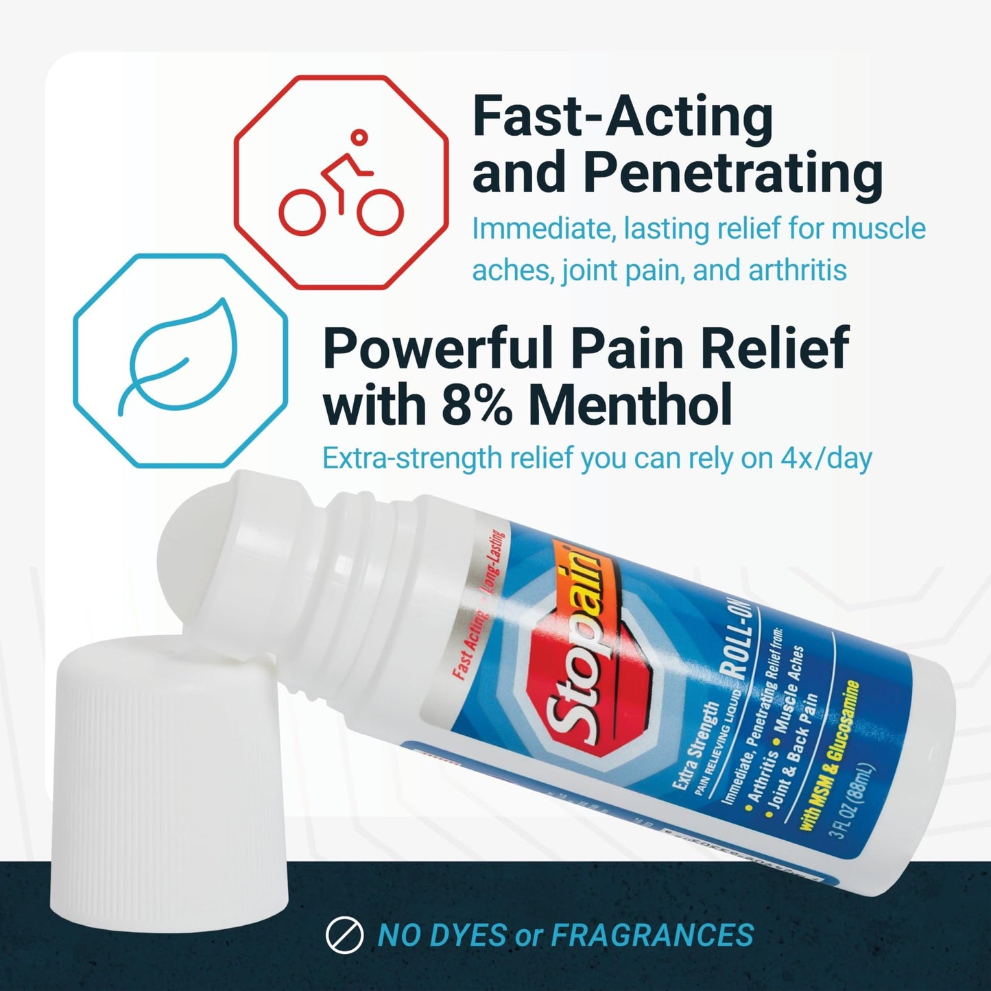 Stopain Pain Relief Roll On Gel 3oz, USA Made, Max Strength Fast Acting with MSM, Glucosamine, Menthol for Arthritis, Lower Back, Knee, Neck, HSA FSA Approved OTC Topical Analgesic Products - dailyvitalstore