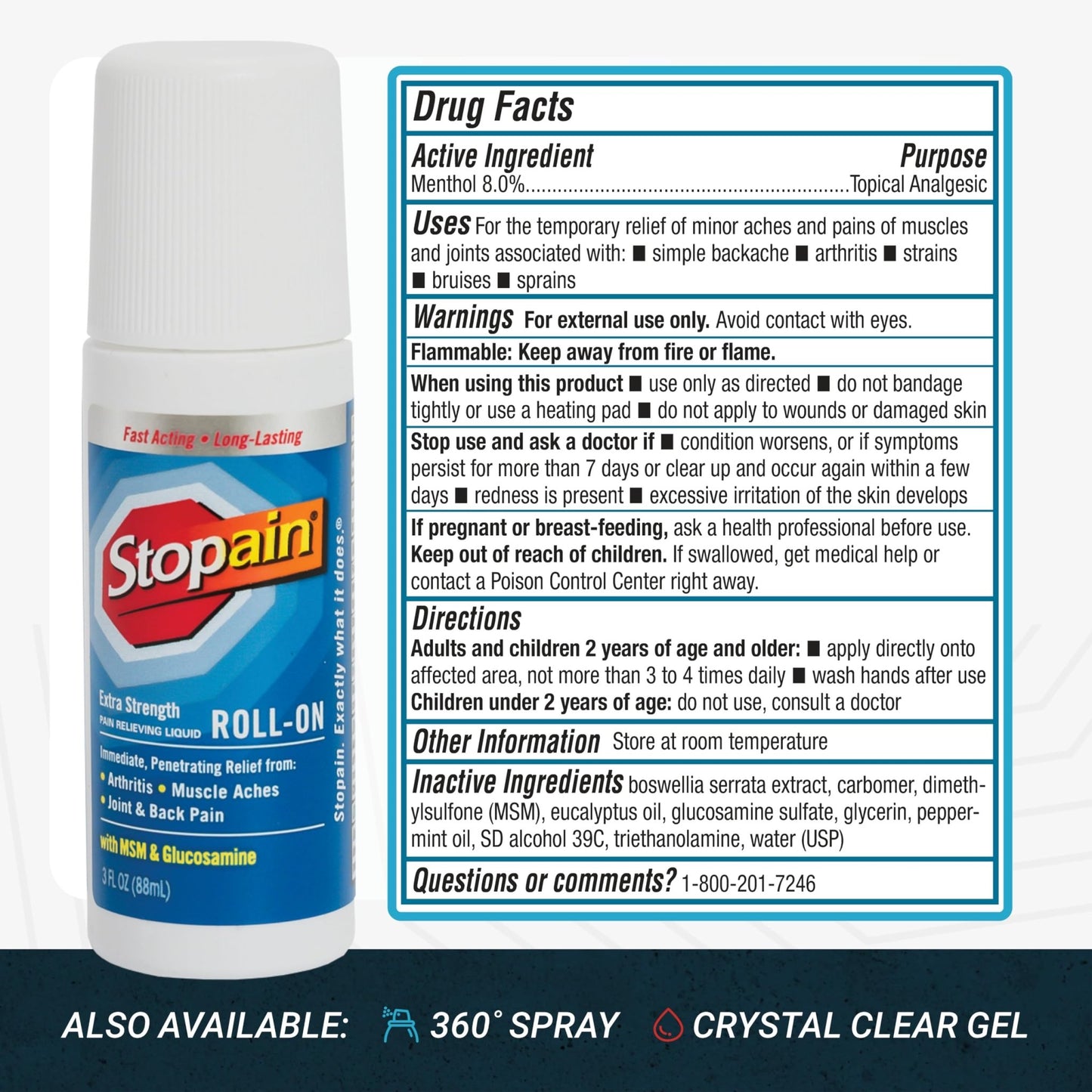 Stopain Pain Relief Roll On Gel 3oz, USA Made, Max Strength Fast Acting with MSM, Glucosamine, Menthol for Arthritis, Lower Back, Knee, Neck, HSA FSA Approved OTC Topical Analgesic Products - dailyvitalstore