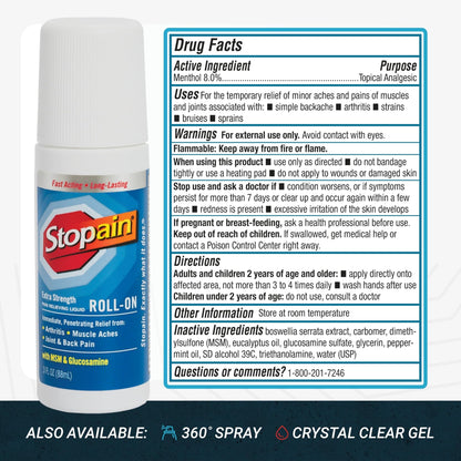 Stopain Pain Relief Roll On Gel 3oz, USA Made, Max Strength Fast Acting with MSM, Glucosamine, Menthol for Arthritis, Lower Back, Knee, Neck, HSA FSA Approved OTC Topical Analgesic Products - dailyvitalstore