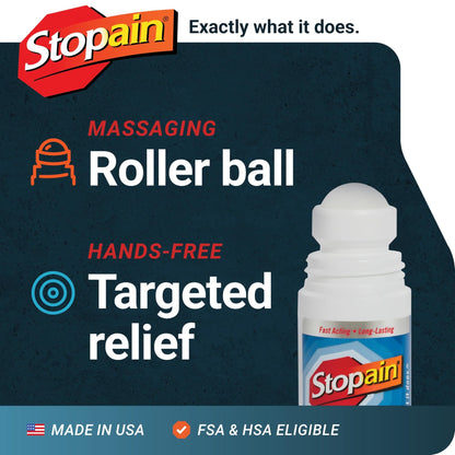 Stopain Pain Relief Roll On Gel 3oz, USA Made, Max Strength Fast Acting with MSM, Glucosamine, Menthol for Arthritis, Lower Back, Knee, Neck, HSA FSA Approved OTC Topical Analgesic Products - dailyvitalstore