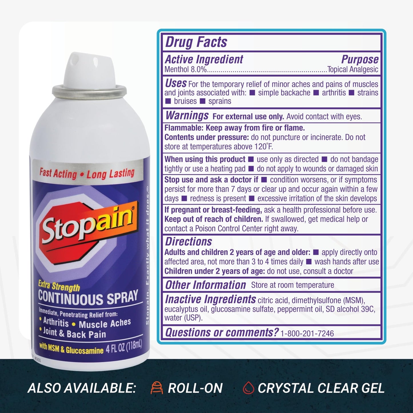 Stopain Pain Relief Spray 4oz, USA Made, Max Strength Fast Acting with Menthol, MSM, Glucosamine for Lower Back, Arthritis, Knee, Neck, Joints, HSA FSA Approved OTC Topical Analgesic Product - dailyvitalstore