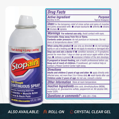 Stopain Pain Relief Spray 4oz, USA Made, Max Strength Fast Acting with Menthol, MSM, Glucosamine for Lower Back, Arthritis, Knee, Neck, Joints, HSA FSA Approved OTC Topical Analgesic Product - dailyvitalstore