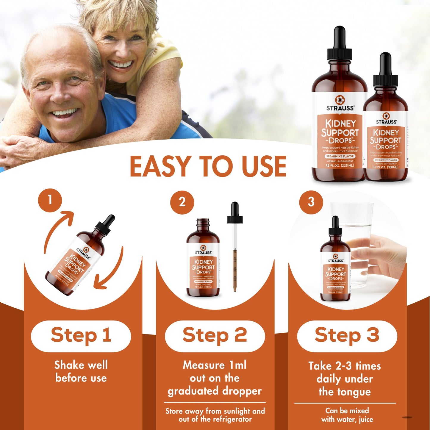 Strauss Naturals Kidney Support Drops – Herbal Kidney Support Supplement for Men and Women – Helps with Kidney Health and Urinary Tract Function – Vegan & Non-GMO – Spearmint Flavored – 100 ml Bottle - dailyvitalstore