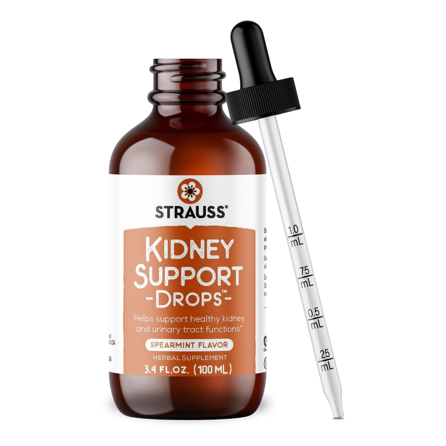 Strauss Naturals Kidney Support Drops – Herbal Kidney Support Supplement for Men and Women – Helps with Kidney Health and Urinary Tract Function – Vegan & Non-GMO – Spearmint Flavored – 100 ml Bottle - dailyvitalstore