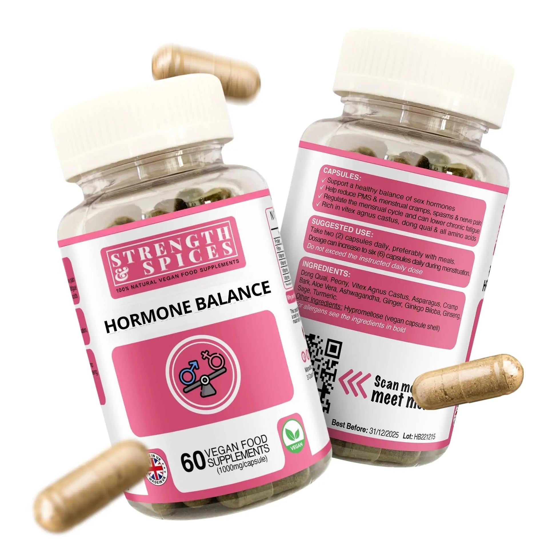 Strength & Spices Hormone Balance 100% Natural Estrogen Supplement – 12 Ingredients w Dong Quai - 60 Vegan UK Made 1000mg Capsules – Fertility and Menstrual Comfort - dailyvitalstore
