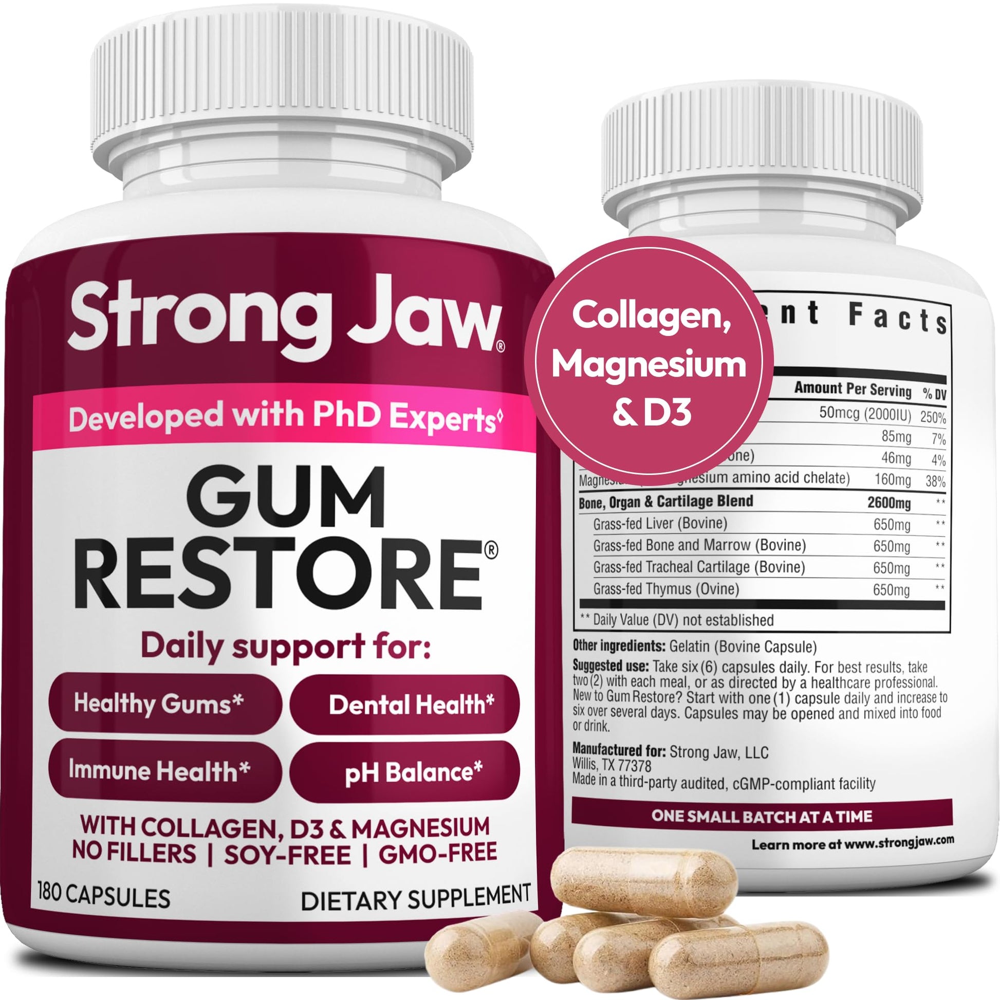 Strong Jaw Gum Restore - Gum Repair for Receding Gums | Teeth Magnesium Supplements, Oral Care, Remineralizing Dental Health Vitamins for Adults | 1 Month Supply, 180 Capsules, Made in USA - dailyvitalstore