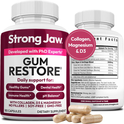 Strong Jaw Gum Restore - Gum Repair for Receding Gums | Teeth Magnesium Supplements, Oral Care, Remineralizing Dental Health Vitamins for Adults | 1 Month Supply, 180 Capsules, Made in USA - dailyvitalstore