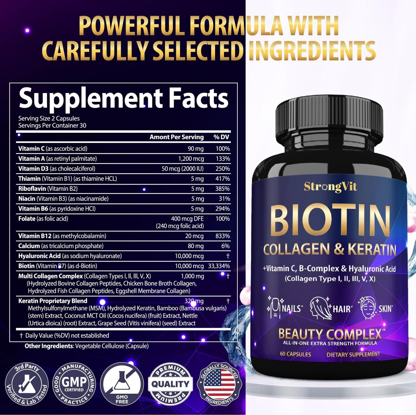 StrongVit Biotin with Hyaluronic Acid, Keratin and Collagen Supplements - 10000mcg for Hair Growth Women and Men - dailyvitalstore