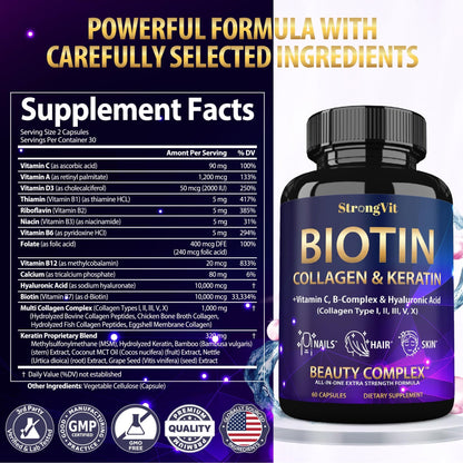 StrongVit Biotin with Hyaluronic Acid, Keratin and Collagen Supplements - 10000mcg for Hair Growth Women and Men - dailyvitalstore