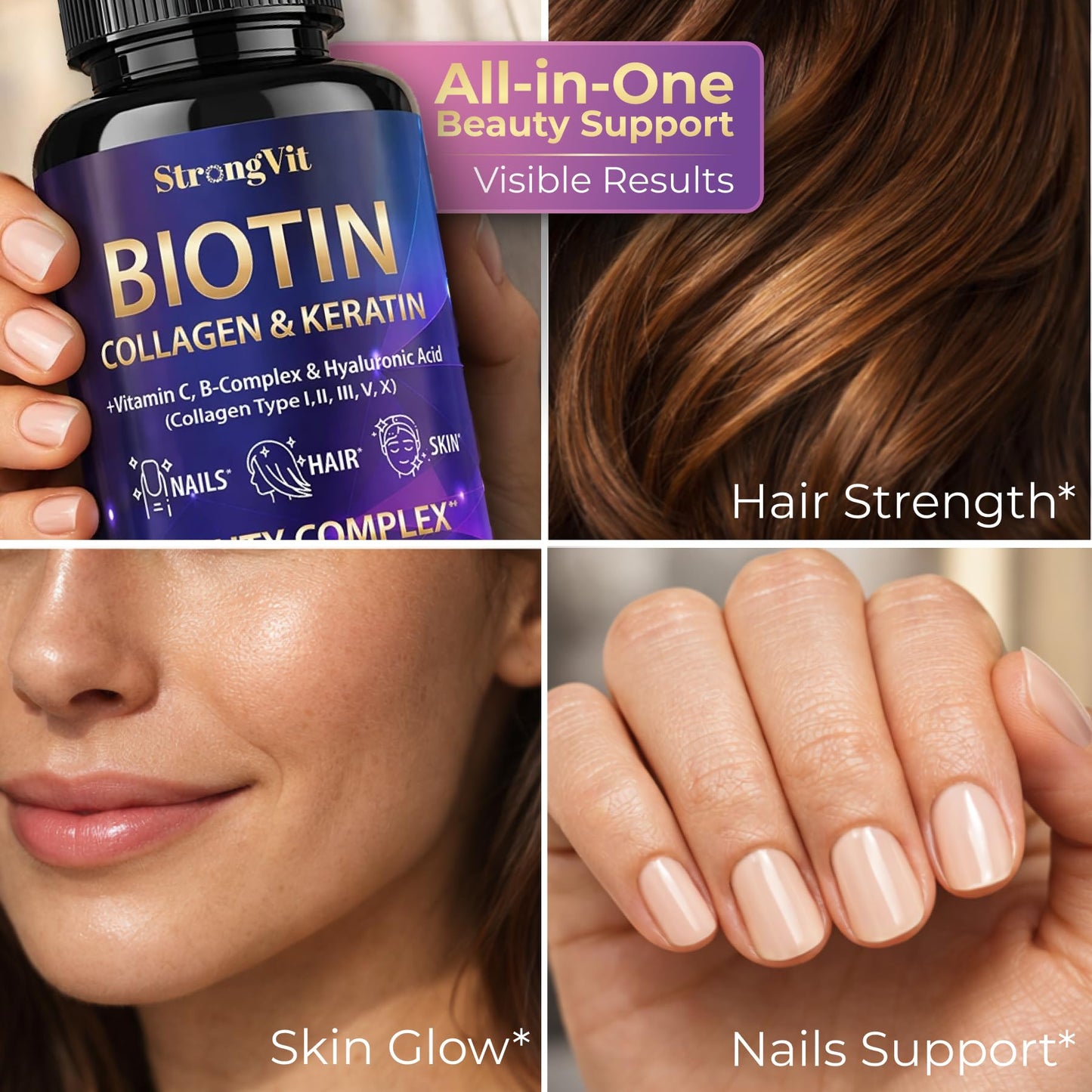 StrongVit Biotin with Hyaluronic Acid, Keratin and Collagen Supplements - 10000mcg for Hair Growth Women and Men - dailyvitalstore