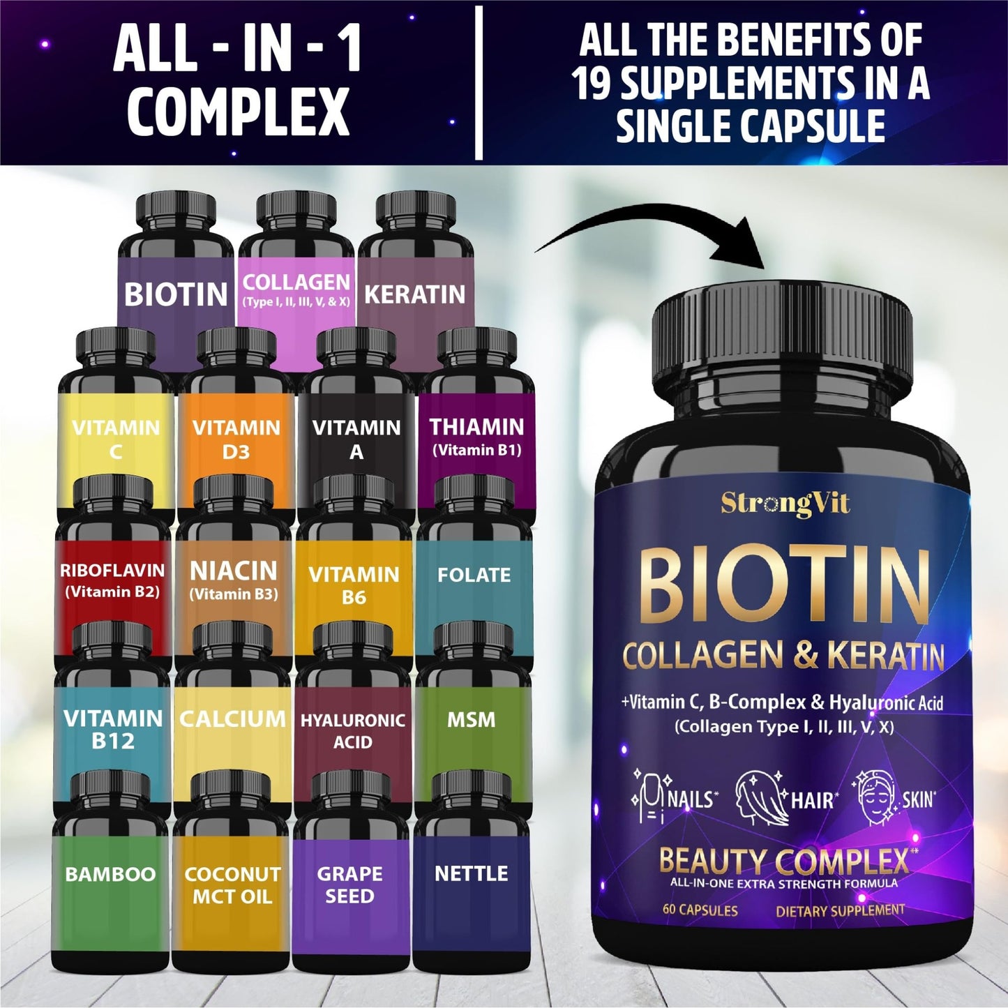 StrongVit Biotin with Hyaluronic Acid, Keratin and Collagen Supplements - 10000mcg for Hair Growth Women and Men - dailyvitalstore
