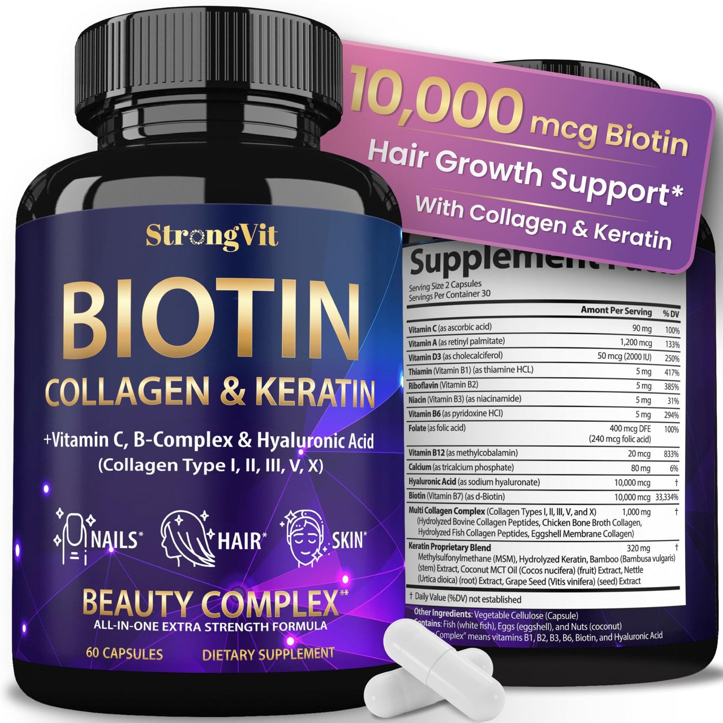 StrongVit Biotin with Hyaluronic Acid, Keratin and Collagen Supplements - 10000mcg for Hair Growth Women and Men - dailyvitalstore
