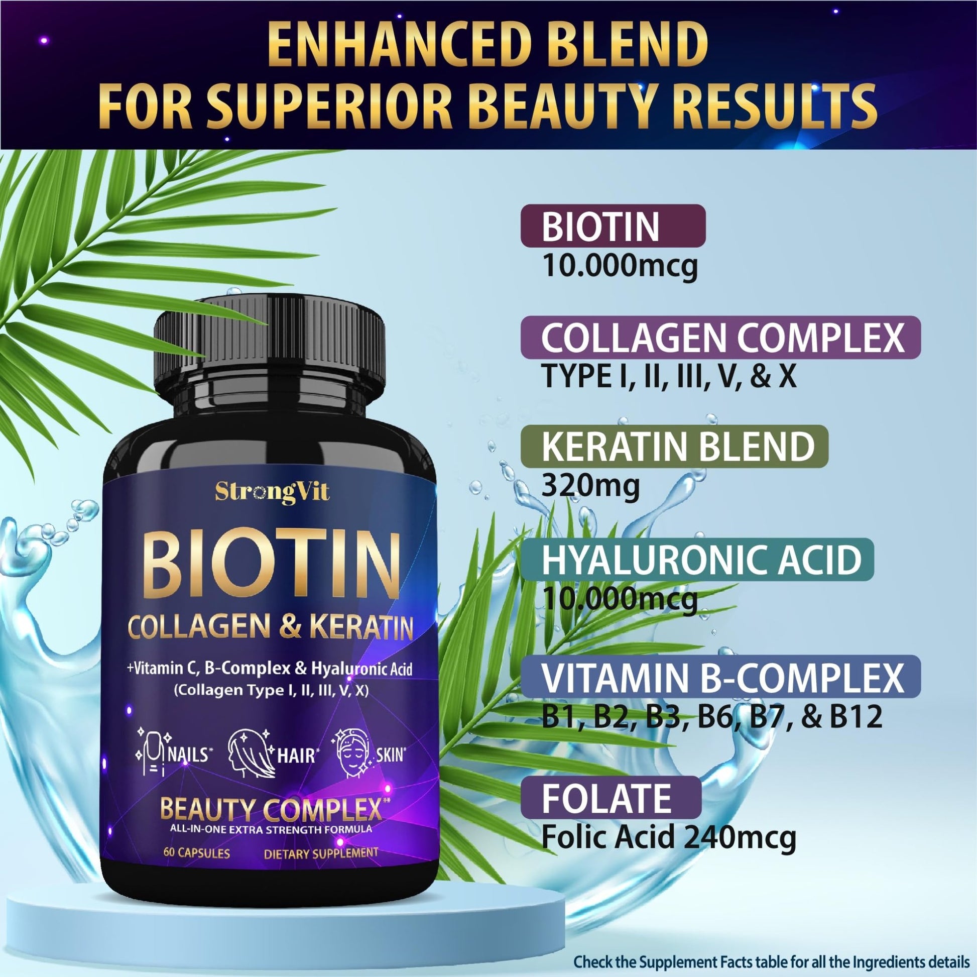 StrongVit Biotin with Hyaluronic Acid, Keratin and Collagen Supplements - 10000mcg for Hair Growth Women and Men - dailyvitalstore