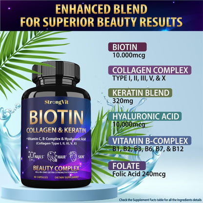 StrongVit Biotin with Hyaluronic Acid, Keratin and Collagen Supplements - 10000mcg for Hair Growth Women and Men - dailyvitalstore