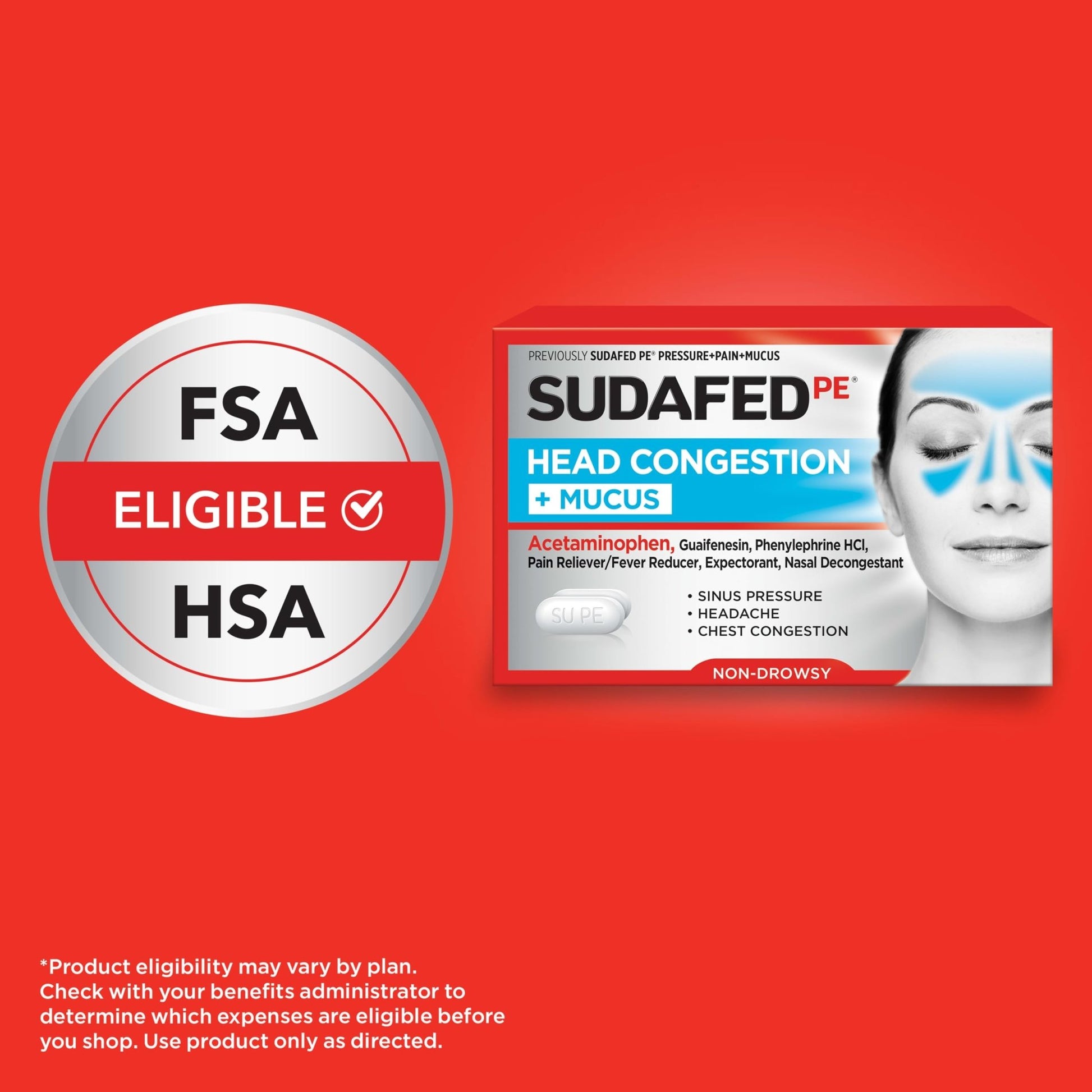 Sudafed PE Head Congestion + Mucus Relief Tablets for Sinus Pressure, Congestion, & Headache, Non-Drowsy Decongestant with Acetaminophen, Guaifenesin & Phenylephrine HCI, 24 ct - dailyvitalstore