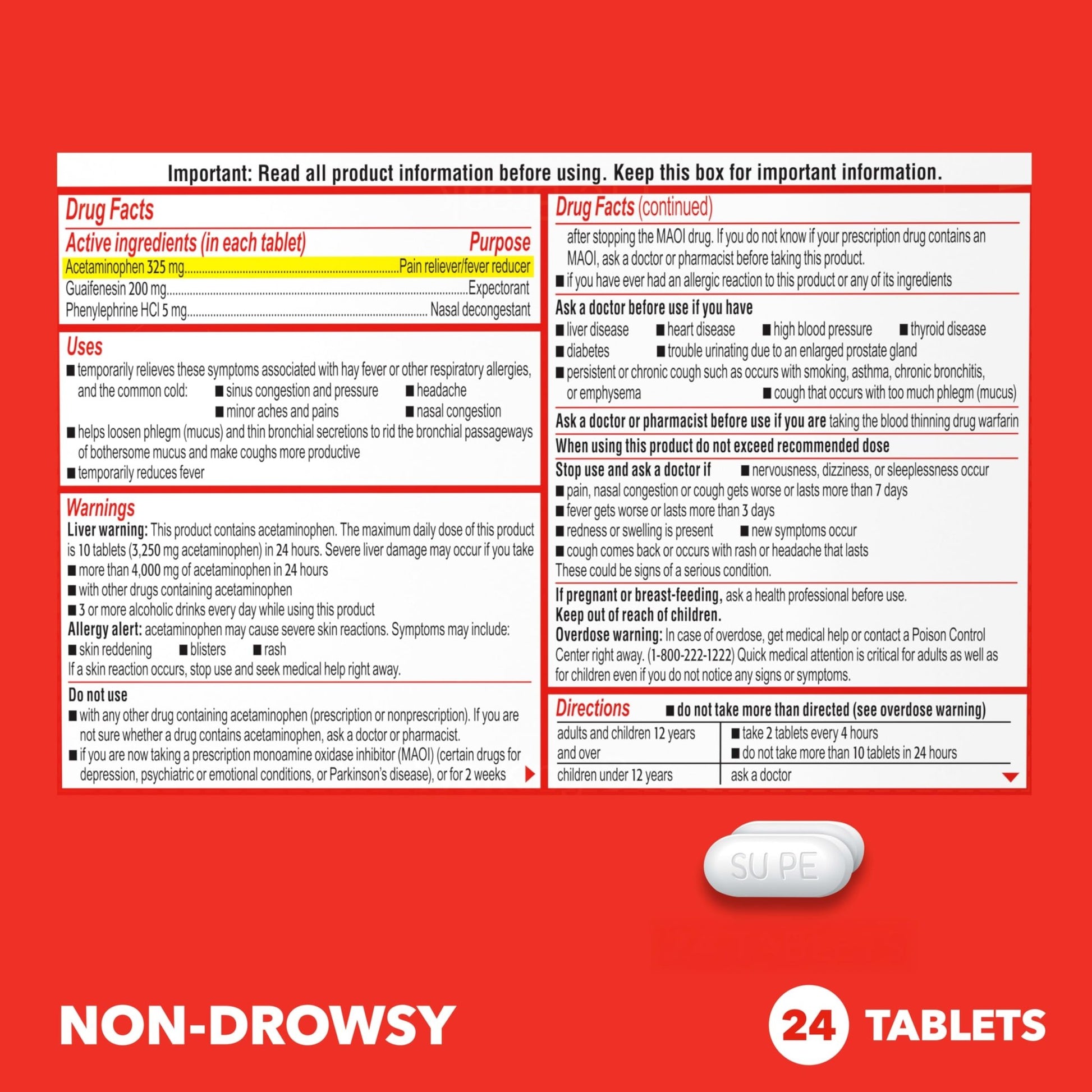 Sudafed PE Head Congestion + Mucus Relief Tablets for Sinus Pressure, Congestion, & Headache, Non-Drowsy Decongestant with Acetaminophen, Guaifenesin & Phenylephrine HCI, 24 ct - dailyvitalstore