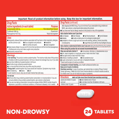 Sudafed PE Head Congestion + Mucus Relief Tablets for Sinus Pressure, Congestion, & Headache, Non-Drowsy Decongestant with Acetaminophen, Guaifenesin & Phenylephrine HCI, 24 ct - dailyvitalstore