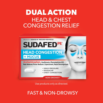Sudafed PE Head Congestion + Mucus Relief Tablets for Sinus Pressure, Congestion, & Headache, Non-Drowsy Decongestant with Acetaminophen, Guaifenesin & Phenylephrine HCI, 24 ct - dailyvitalstore