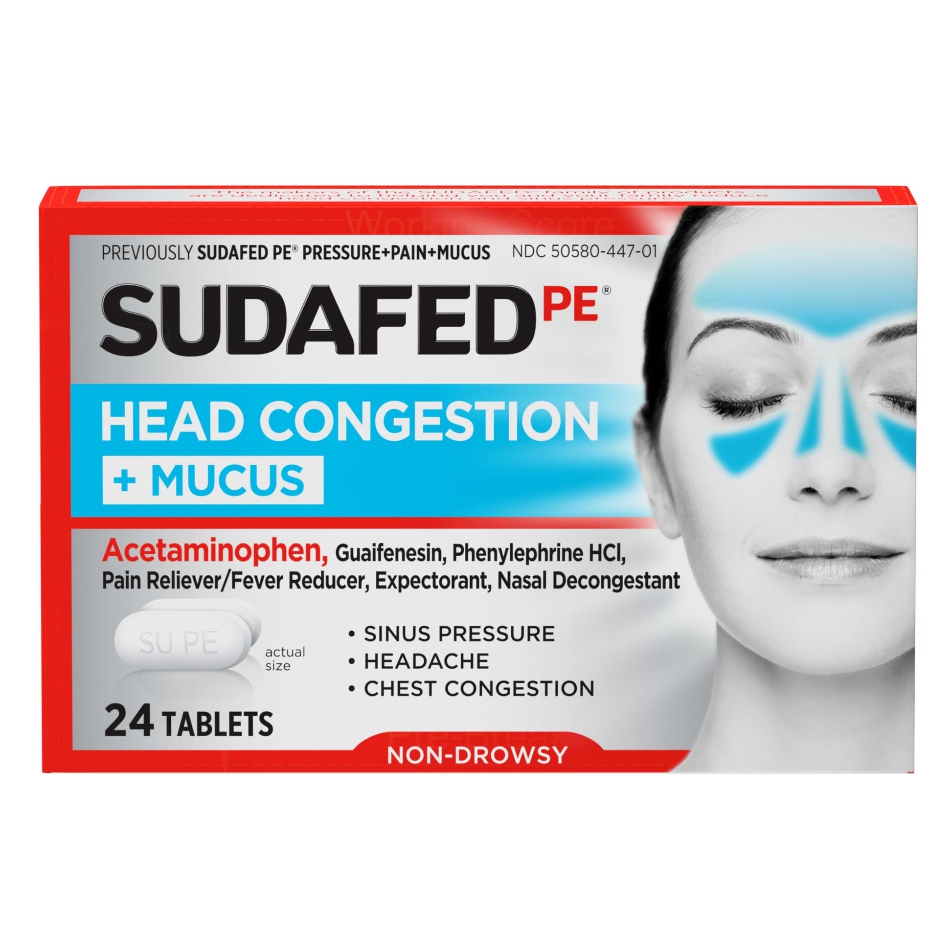 Sudafed PE Head Congestion + Mucus Relief Tablets for Sinus Pressure, Congestion, & Headache, Non-Drowsy Decongestant with Acetaminophen, Guaifenesin & Phenylephrine HCI, 24 ct - dailyvitalstore