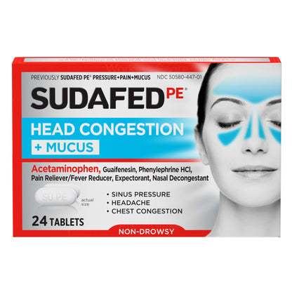 Sudafed PE Head Congestion + Mucus Relief Tablets for Sinus Pressure, Congestion, & Headache, Non-Drowsy Decongestant with Acetaminophen, Guaifenesin & Phenylephrine HCI, 24 ct - dailyvitalstore
