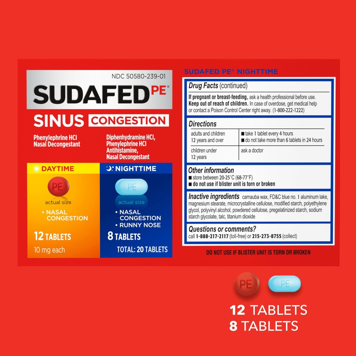 Sudafed PE Sinus Congestion Day + Night Maximum Strength Decongestant & Antihistamine Tablets with Phenylephrine HCl & Diphenhydramine HCl, Helps Nasal & Sinus Pressure & Congestion, 20 ct - dailyvitalstore