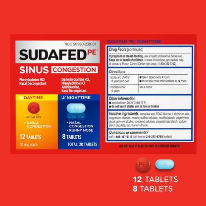 Sudafed PE Sinus Congestion Day + Night Maximum Strength Decongestant & Antihistamine Tablets with Phenylephrine HCl & Diphenhydramine HCl, Helps Nasal & Sinus Pressure & Congestion, 20 ct - dailyvitalstore