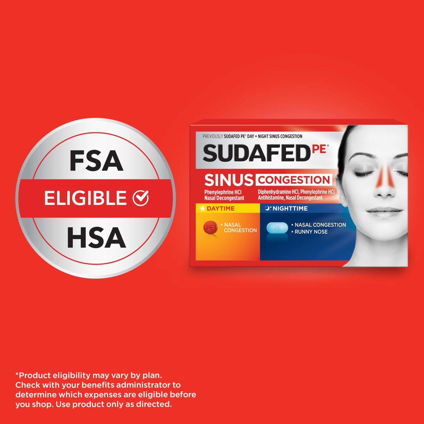 Sudafed PE Sinus Congestion Day + Night Maximum Strength Decongestant & Antihistamine Tablets with Phenylephrine HCl & Diphenhydramine HCl, Helps Nasal & Sinus Pressure & Congestion, 20 ct - dailyvitalstore