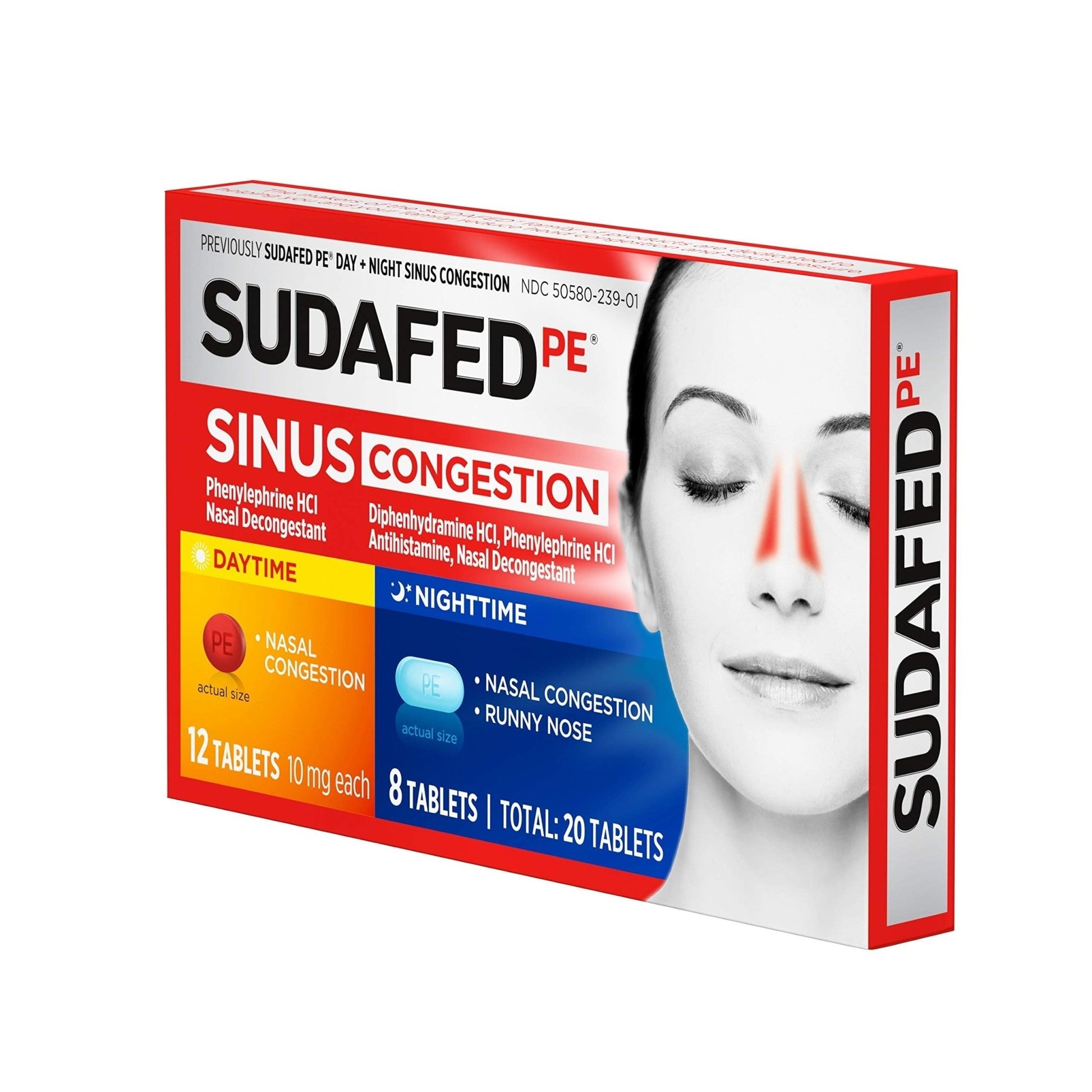 Sudafed PE Sinus Congestion Day + Night Maximum Strength Decongestant & Antihistamine Tablets with Phenylephrine HCl & Diphenhydramine HCl, Helps Nasal & Sinus Pressure & Congestion, 20 ct - dailyvitalstore