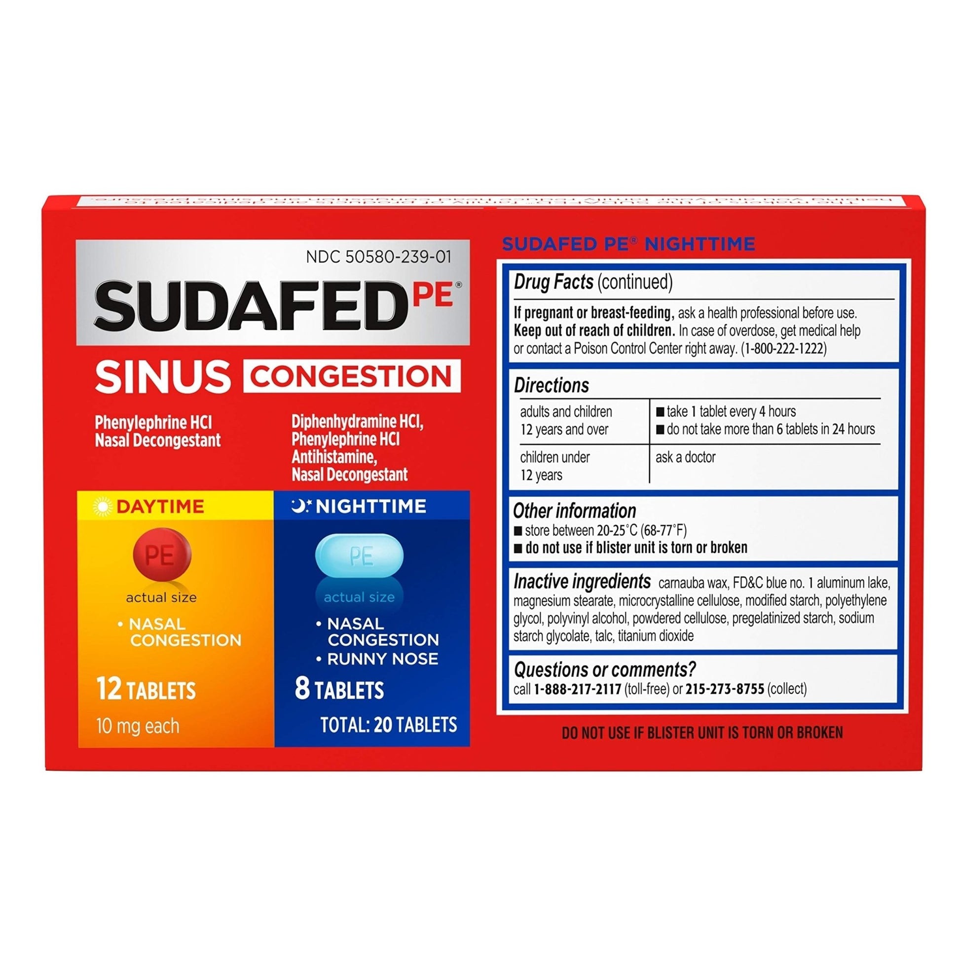 Sudafed PE Sinus Congestion Day + Night Maximum Strength Decongestant & Antihistamine Tablets with Phenylephrine HCl & Diphenhydramine HCl, Helps Nasal & Sinus Pressure & Congestion, 20 ct - dailyvitalstore