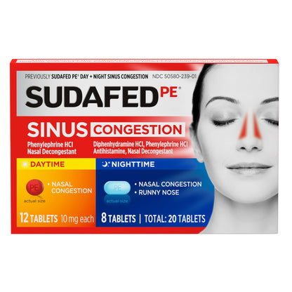 Sudafed PE Sinus Congestion Day + Night Maximum Strength Decongestant & Antihistamine Tablets with Phenylephrine HCl & Diphenhydramine HCl, Helps Nasal & Sinus Pressure & Congestion, 20 ct - dailyvitalstore